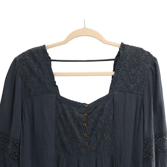 NWT Maurices Navy Lace Peasant Blouse Size M Button Front Boho Long Sleeve Top - Picture 8 of 8